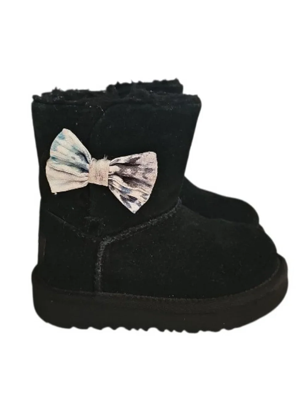 UGG Classic Mini II Boots Girls 7 Black Tie Dye Bow Sheepskin Wool Winter Shoes